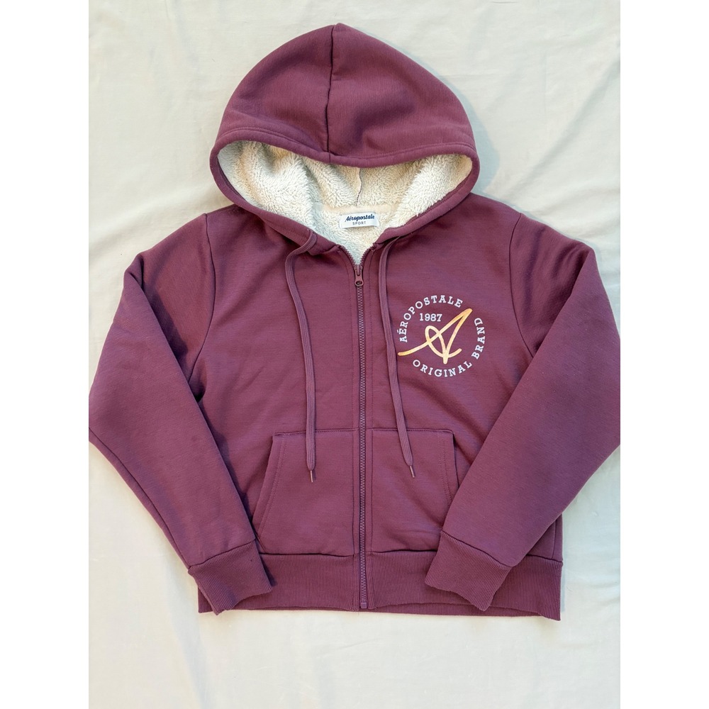 Aeropostale Sport Womens Medium Plum Purple Sherpa Lined Full Zip Hoodie 1987